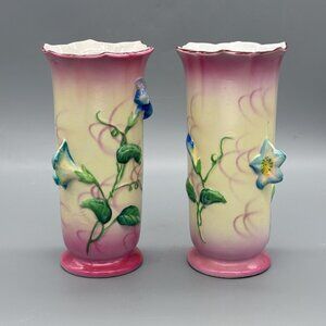 Antique 1920's Trico Nayoga Japan Hand Painted Orange Vase w Flowers 7” Set of 2
